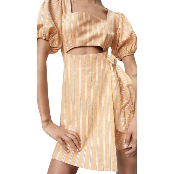 Zara Dresses & Skirts - ZARA Linen Blend Striped Yellow/White Mini Cut Out Tie Waist Dress Women Sz L
